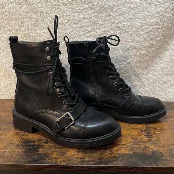Womens Boots Size 10M White Mountain Combat Decree Black Buckle Zip Lace - Picture 1 of 16